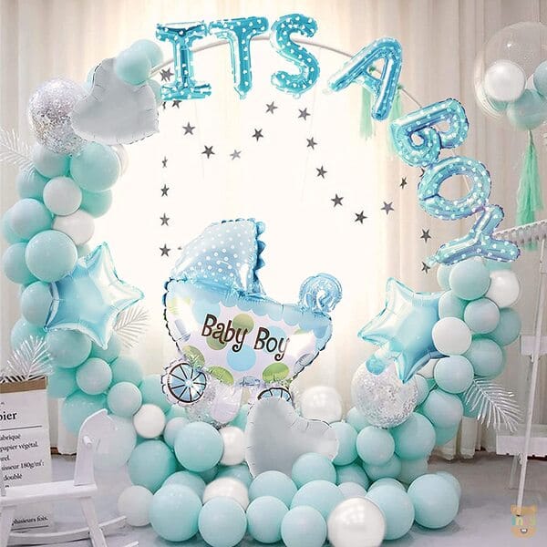 Set Of 42 Pcs -1 Blue Polka Dot Balloon , 15 White,Blue Pastel Balloons,1 Baby Boy Blue Pram,2 Blue Star,2 Silver Heart Foil Balloons For Kids Birthday New Born Baby Theme  With Decorative Service At Your Place.