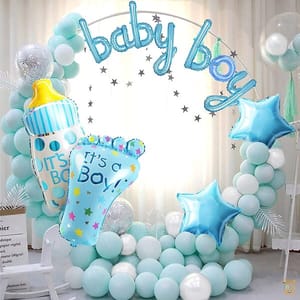 Set Of 41 Pcs -15 White,Blue Pastel Balloons, 1 Bottle, 2 Blue Star Foil Balloon, 1 Blue Foot, 8 Letter Baby Boy Balloon For Kids Birthday Party Theme Decoration Kit  With Decorative Service At Your Place.
