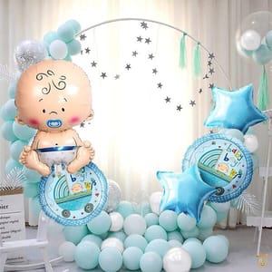 Set Of 35 Pcs -15 White,Blue Pastel Balloons,2 Printed Both Side Baby Boy,2 Blue Star ,A New Little Prince Foil Balloon For Kids New Born Baby Theme With Decorative Service At Your Place.