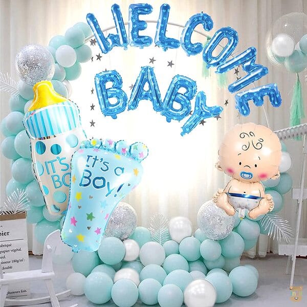 Baby Boy Welcome Decoration Kit For Home 44Pcs / Foil Baloons Baby Foot Bottle Shape Baloons For Kids Birthday Party New Born Baby Theme Decoration Kit, Blue  With Decorative Service At Your Place.