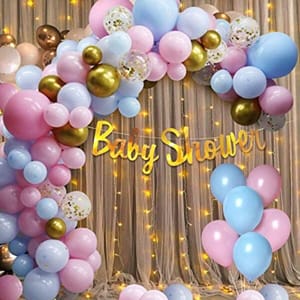 Baby Shower Decoration Items Set For Mom To Be - White Net Curtain With Fairy Lights, Foil Banner, Balloons - Baby Shower Decorations Items Props, Pregnancy, Maternity Photoshoot - 48Pcs With Decoration Service At Your Place