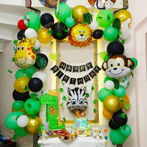 Jungle Theme Party Decoration Items For Kids Birthday - Pack Of 42 Pcs - Bunting, Artificial Leaf, Animal Face Foil Balloons - Decorating Items Birthday Party For Boy Or Girl With Decoration Service At Your Place