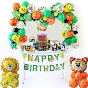 Jungle Theme Birthday Decoration - 49Pcs Hawaiian Safari Animals Forest Balloons, Banners, Swirls For Kids S Bday Parties With Decoration Service At Your Place