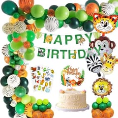 Jungle Theme Birthday Decoration - 49Pcs Hawaiian Safari Animals Forest Balloons, Banners, Swirls For Kids S Bday Parties With Decoration Service At Your Place