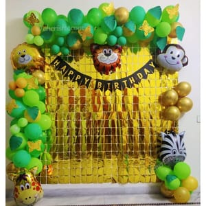 Forest Theme Birthday Party Decorations For Kids - 80 Pcs Combo - Bunting Animal Face Shape Foil, Chrome Rubber Balloons - Jungle Theme Birthday Decoration For Boy Or Girl  With Decoration Service At Your Place
