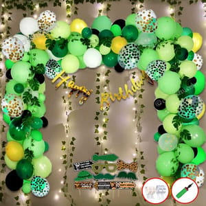 Jungle Theme Kids Birthday Decoration Items - Pack Of 108 Pcs- Bunting, Photobooth Props, Artifical Leaf, Fairy Light, ?Arch Tape, Balloon Pump - Forest Theme Birthday Party  With Decoration Service At Your Place