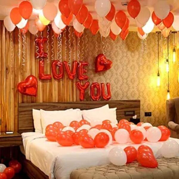 Elegant & Romantic Touch Of Red Gold I Love You Banner Balloons Perfect For Happy Decorations Kit Of 96Pc With Decoration Service At Your Place