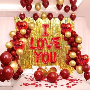 Elegant & Romantic Touch Of Red Gold I Love You Banner Balloons Perfect For Happy Decorations Kit Of 47Pc With Decoration Service At Your Place