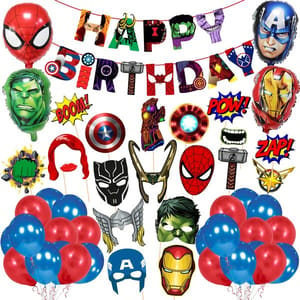 Super Hero Birthday Party Decoration Happy Birthday Banner, Super Hero Aluminum Balloon,Photo Bbooth And Metalic Balloon For Super Hero Themem Party Supplies(Pack Of 49)  With Decoration Service At Your Place