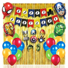 Super Hero Theme Birthday Decoration Combo Kit - 35Pcs Including Super Hero Theme Happy Bithday Banner, Foil Curtain, Super Hero Foil Balloons, Super Hero Theme Photobooth & 20Pcs Balloons With Decoration Service At Your Place