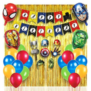 Super Hero Theme Birthday Decoration Combo Kit - 35Pcs Including Super Hero Theme Happy Bithday Banner, Foil Curtain, Super Hero Foil Balloons, Super Hero Theme Photobooth & 20Pcs Balloons With Decoration Service At Your Place
