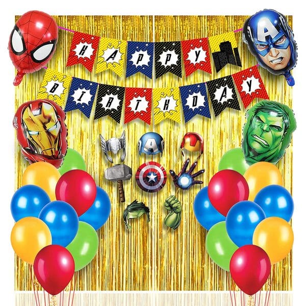 Super Hero Theme Birthday Decoration Combo Kit - 35Pcs Including Super Hero Theme Happy Bithday Banner, Foil Curtain, Super Hero Foil Balloons, Super Hero Theme Photobooth & 20Pcs Balloons With Decoration Service At Your Place