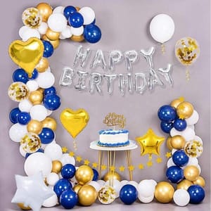Happy Birthday Blue Decoration Kit Combo 58Pcs Banner, Balloon, Metallic, Confetti, Heart And Star Foil And Glitter Cake Topper For Celebration With Decoration Service At Your Place With Decoration Service At Your Place