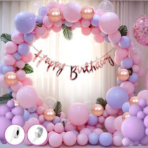 Birthday Decoration Items Combo Set For Girls Kids- Happy Birthday Bunting, Metallic And Chrome Balloons, Glue Dot,Arch Strip For Birthday Decorations Celebrations - 60Pcs  With Decoration Service At Your Place With Decoration Service At Your Place