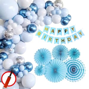 Happy Birthday Decorations For Boys- Blue Paper Fan, Hand Balloon Pump, Metallic Balloons With Blue Paper Banner -Decoration Items For Birthday Party, Birthday Decoration Kit Combo-78Pcs With Decoration Service At Your Place With Decoration Service At Your Place