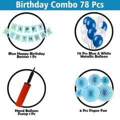 Happy Birthday Decorations For Boys- Blue Paper Fan, Hand Balloon Pump, Metallic Balloons With Blue Paper Banner -Decoration Items For Birthday Party, Birthday Decoration Kit Combo-78Pcs With Decoration Service At Your Place With Decoration Service At Your Place