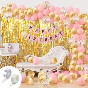 Happy Birthday Balloons Banner Curtains Decorations Kit- 93Pcs For Girl Baby Kids First Bday Celebration With Decoration Service At Your Place With Decoration Service At Your Place