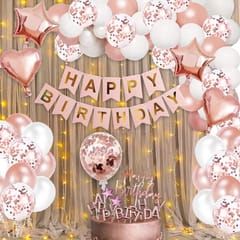 Happy Birthday Decorations For Girls -53Pcs Rose Gold Happy Birthday Decoration Items Kit- Curtain Net, Light, Cake Topper, Balloons, Banner ,Glue Dot, Arch/ Birthday Decoration Kit Items With Decoration Service At Your Place