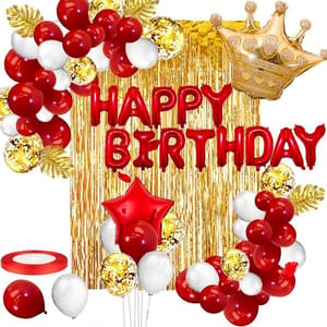 Golden And Red Happy Birthday Decoration Combo Kit With Banner, Balloons, Foil Curtain, Crown Foil 48Pcs For Birthday Decoration Boys, Kid With Decoration Service At Your Place