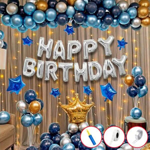 Happy Birthday Decorations For Boys -50Pcs Happy Birthday Decoration Items Kit- Curtain Net, Light,Crown Balloon, Star Foil, Metallic, Glue, Arch Roll/Husband Birthday Decoration Kit Items With Decoration Service At Your Place