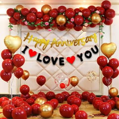 cRed I Love You Decoration Happy Anniversary Combo Kit 45Pcs Heart Foil Balloon Red -Gold Metallic Balloon,For Adult, Husband, Wife Birthday Party  With Decoration Service At Your Place