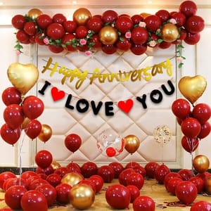 cRed I Love You Decoration Happy Anniversary Combo Kit 45Pcs Heart Foil Balloon Red -Gold Metallic Balloon,For Adult, Husband, Wife Birthday Party  With Decoration Service At Your Place
