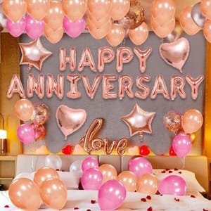 Rose Gold Happy Anniversary Decoration Kit For Home -31 Items Rose Gold Combo Set -Marriage Decorations Set With Decoration Service At Your Place