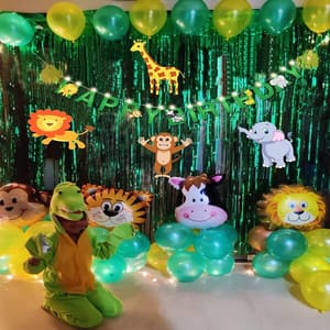 Jungle Theme Birthday Decoration Combo With Led Light, Animals Safari Forest Foil Balloons Happy Birthday Banner Cardstock Cutout Foil- 64 Pieces With Decoration Service At Your Place