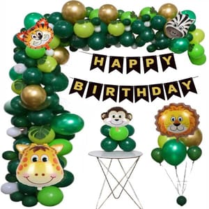 Jungle Forest Theme Birthday Party Decorations For Kids - 104 Pcs Combo - Bunting Animal Face Shape Foil, Chrome Rubber Balloons - Jungle Theme Birthday Decoration For Boy Or Girl With Decoration Service At Your Place