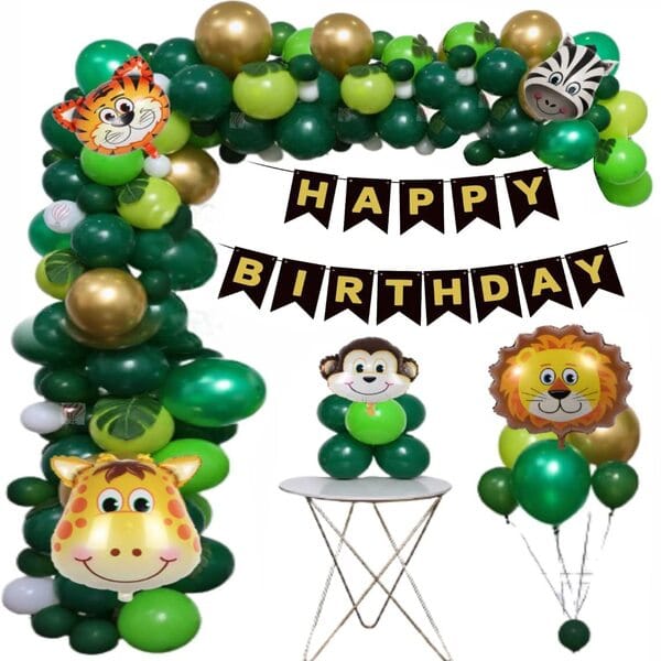 Jungle Forest Theme Birthday Party Decorations For Kids - 104 Pcs Combo - Bunting Animal Face Shape Foil, Chrome Rubber Balloons - Jungle Theme Birthday Decoration For Boy Or Girl With Decoration Service At Your Place