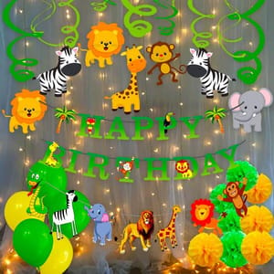 Jungle Theme Birthday Decoration Boys-71Pcs Hawaiian Animals Safari Forest Banners Rubber Balloons Pompom Swirls Hanging With Warm Led Light Set For Kids(Green) With Decoration Service At Your Place