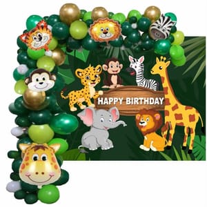 Jungle Theme Birthday Party Decorations For Kids Combo With Forest Theme Backdrop Banner Animal Face Foil, Chrome Balloons Jungle Theme Birthday Decoration For Boy Or Girl(Pack Of 98 Pcs ) With Decoration Service At Your Place