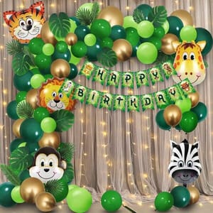 Jungle Theme Party Decoration - 56Pcs For With Fairy Lights & Animal Balloons With Decoration Service At Your Place