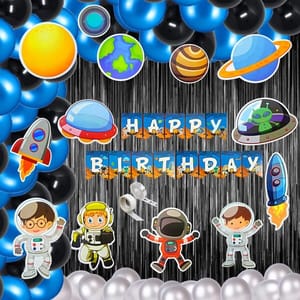 Space Theme Birthday Decoration Kit Curtain Banner Planet Astronaut Cutouts Cake Topper Props Happy Birthday Space Theme Metallic Balloon Garland Kit (Pack Of 82, Multicolor) With Decoration Service At Your Place