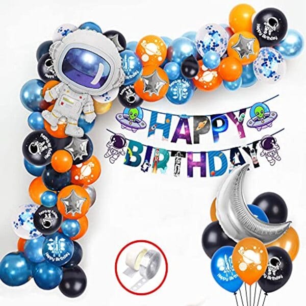 Birthday Decoration - 56Pcs For Space Theme Birthday Supplies Metallic, Astronaut Printed, Moon, Astronaut, Star Foil Balloons With Glue Dot And Arch With Decoration Service At Your Place