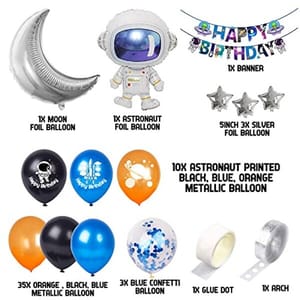 Birthday Decoration - 56Pcs For Space Theme Birthday Supplies Metallic, Astronaut Printed, Moon, Astronaut, Star Foil Balloons With Glue Dot And Arch With Decoration Service At Your Place