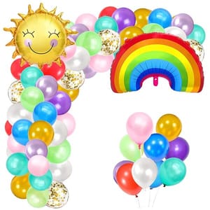 Rainbow Theme Birthday Party Decoration With Happy Birthday Backdrop Banner And Foil Balloons 84Pc With Decorative Service At Your Place.