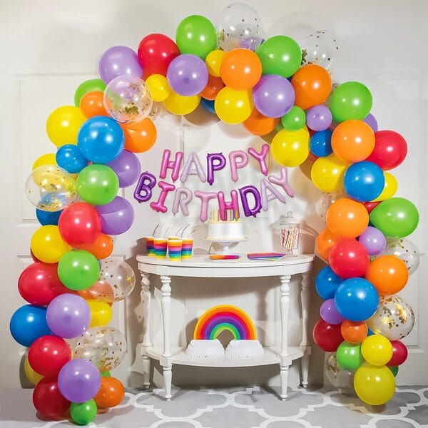 Rainbow Theme Birthday Party Decoration With Happy Birthday Backdrop Banner And Foil Balloons 68Pc With Decorative Service At Your Place.