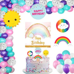 Rainbow Theme Birthday Party Decoration With Happy Birthday Backdrop Banner And Foil Balloons 49Pc With Decorative Service At Your Place.