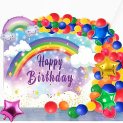 Rainbow Theme Birthday Party Decoration With Happy Birthday Backdrop Banner And Foil Balloons 50Pc With Decorative Service At Your Place.