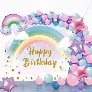 Rainbow Theme Birthday Party Decoration With Happy Birthday Backdrop Banner And Foil Balloons 51Pc With Decorative Service At Your Place.