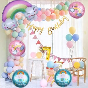 Rainbow Theme Birthday Party Decoration With Happy Birthday Backdrop Banner And Foil Balloons 37Pc With Decorative Service At Your Place.