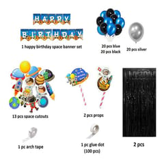 Space Theme Birthday Decoration Kit Curtain Banner Planet Astronaut Cutouts Cake Topper Props Happy Birthday Space Theme Metallic Balloon Garland Kit (Pack Of 82, Multicolor) With Decoration Service At Your Place