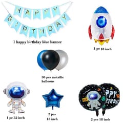 Happy Birthday Space Theme Combo Metallic Star Balloon Set Astronaut Birthday Decorations For Boys Bday Balloons Photoshoot Accessories Backdrop (Pack Of 49,Blue & Silver) With Decoration Service At Your Place