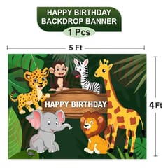 Jungle Theme Birthday Party Decorations For Kids Combo With Forest Theme Backdrop Banner Animal Face Foil, Chrome Balloons Jungle Theme Birthday Decoration For Boy Or Girl(Pack Of 98 Pcs ) With Decoration Service At Your Place