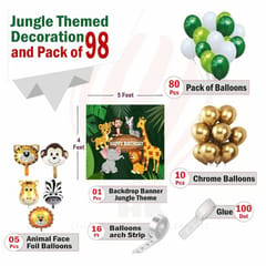 Jungle Theme Birthday Party Decorations For Kids Combo With Forest Theme Backdrop Banner Animal Face Foil, Chrome Balloons Jungle Theme Birthday Decoration For Boy Or Girl(Pack Of 98 Pcs ) With Decoration Service At Your Place