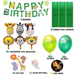 Jungle Theme Birthday Decoration Combo With Led Light, Animals Safari Forest Foil Balloons Happy Birthday Banner Cardstock Cutout Foil- 64 Pieces With Decoration Service At Your Place