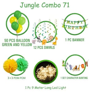Jungle Theme Birthday Decoration Boys-71Pcs Hawaiian Animals Safari Forest Banners Rubber Balloons Pompom Swirls Hanging With Warm Led Light Set For Kids(Green) With Decoration Service At Your Place
