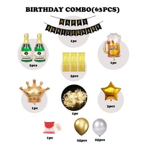 Happy Anniversary Decoration Kit For Bedroom - 63 Items Set - Paper Banner, Foil Curtains, Balloons, Foil Balloons, Lights For Home, Husband, Wife (Golden ) With Decoration Service At Your Place