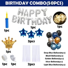 Happy Birthday Decorations For Boys -50Pcs Happy Birthday Decoration Items Kit- Curtain Net, Light,Crown Balloon, Star Foil, Metallic, Glue, Arch Roll/Husband Birthday Decoration Kit Items With Decoration Service At Your Place